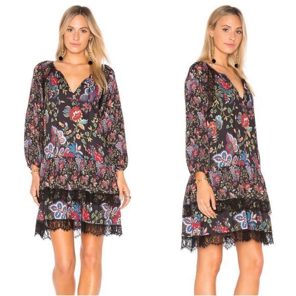 Alice + Olivia Dresses & Skirts - Alice + Olivia Lakita Tunic Dress Small Black Floral Long Sleeve Tiered Lace Boh